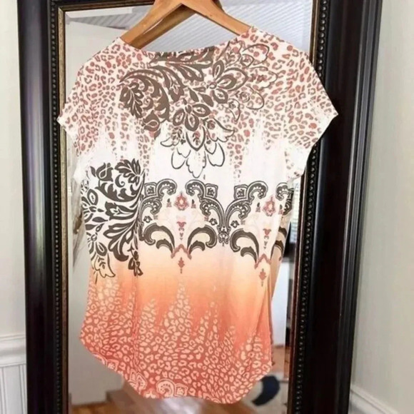 Chico’s Sequin Embellished Top Women’s Small Orange Ombre  Floral Print - Picture 2 of 5